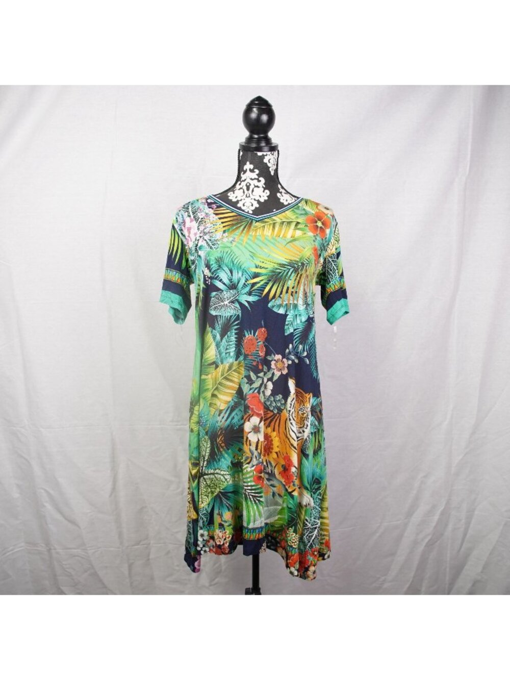 Johnny Was The Janie Favorite V-Neck Swing Dress Tiger Floral Print Sz Small NWT